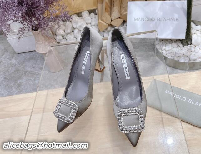 Top Design Manolo Blahnik Classic Silk Pumps 7/9.5cm with Pearls Buckle Grey 507002