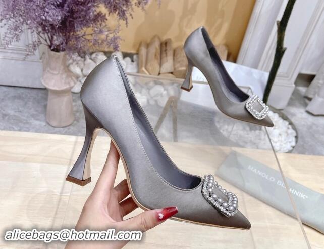 Top Design Manolo Blahnik Classic Silk Pumps 7/9.5cm with Pearls Buckle Grey 507002