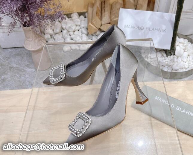 Top Design Manolo Blahnik Classic Silk Pumps 7/9.5cm with Pearls Buckle Grey 507002