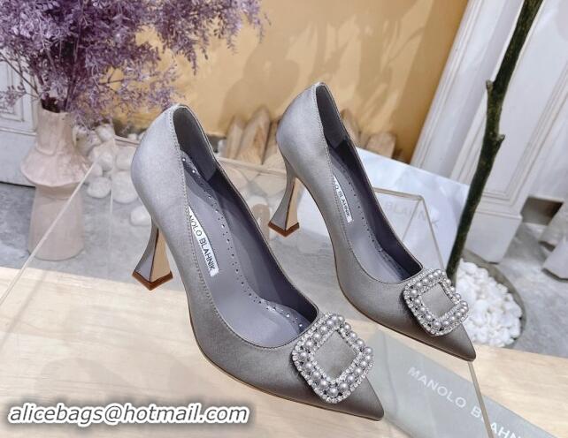 Top Design Manolo Blahnik Classic Silk Pumps 7/9.5cm with Pearls Buckle Grey 507002