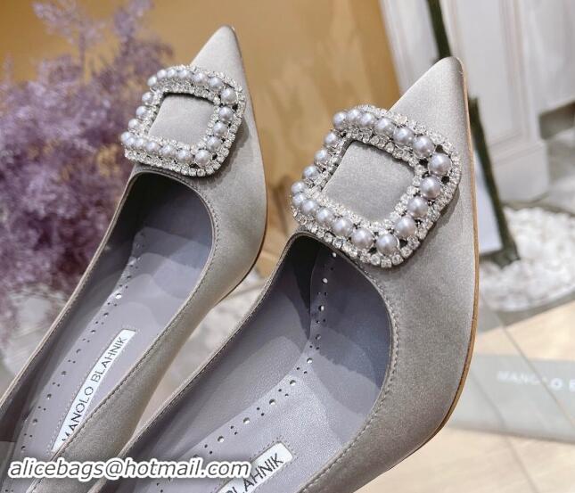 Top Design Manolo Blahnik Classic Silk Pumps 7/9.5cm with Pearls Buckle Grey 507002