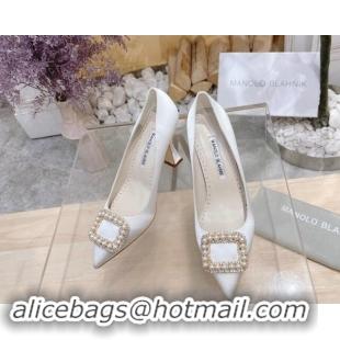 Luxury Manolo Blahnik Classic Silk Pumps 7/9.5cm with Pearls Buckle White 507003