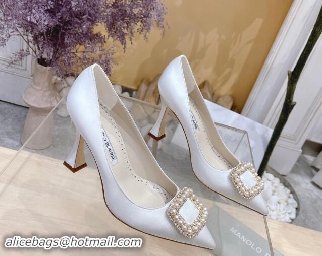 Luxury Manolo Blahnik Classic Silk Pumps 7/9.5cm with Pearls Buckle White 507003