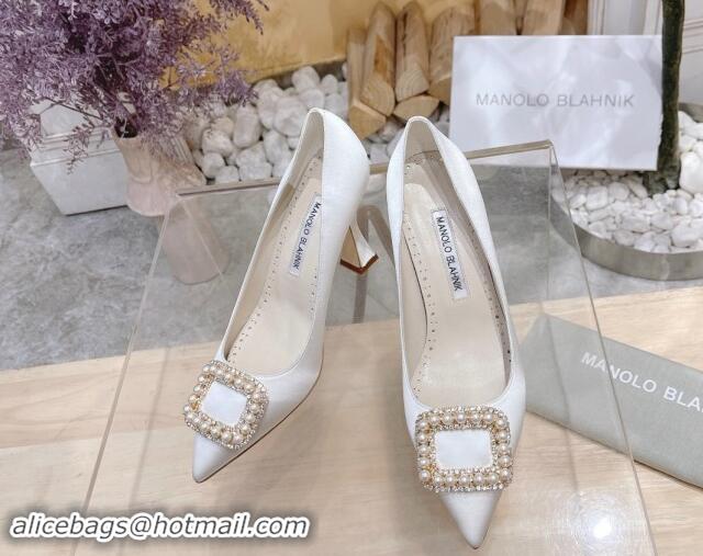 Luxury Manolo Blahnik Classic Silk Pumps 7/9.5cm with Pearls Buckle White 507003