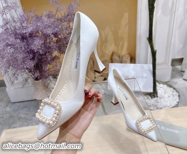 Luxury Manolo Blahnik Classic Silk Pumps 7/9.5cm with Pearls Buckle White 507003