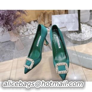 Low Cost Manolo Blahnik Classic Silk Pumps 7/9.5cm with Pearls Buckle Green 507004