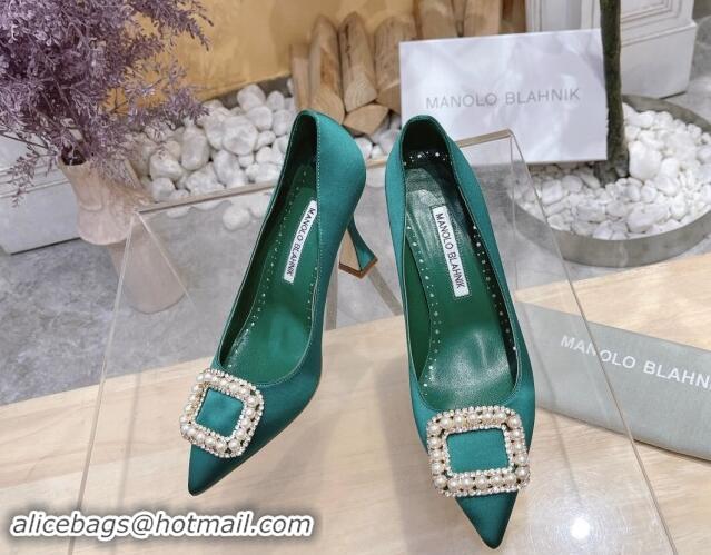 Low Cost Manolo Blahnik Classic Silk Pumps 7/9.5cm with Pearls Buckle Green 507004