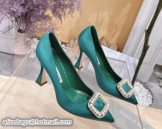 Low Cost Manolo Blahnik Classic Silk Pumps 7/9.5cm with Pearls Buckle Green 507004