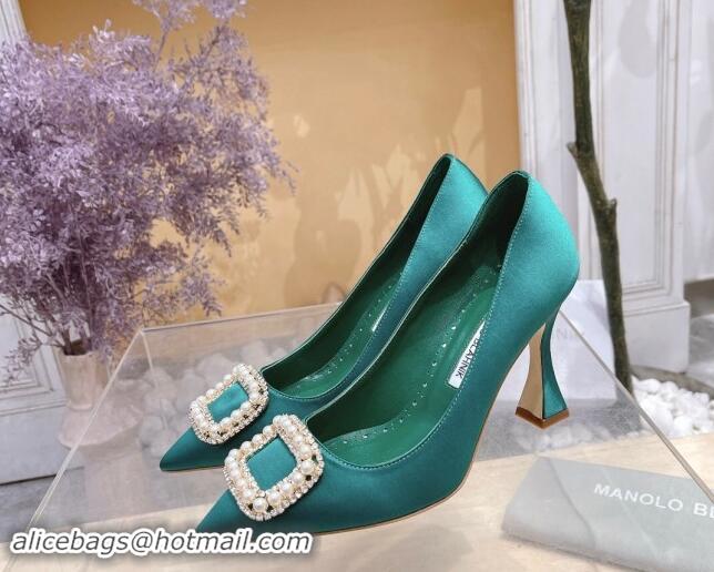 Low Cost Manolo Blahnik Classic Silk Pumps 7/9.5cm with Pearls Buckle Green 507004