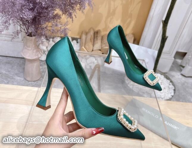 Low Cost Manolo Blahnik Classic Silk Pumps 7/9.5cm with Pearls Buckle Green 507004