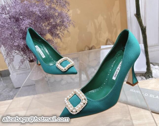 Low Cost Manolo Blahnik Classic Silk Pumps 7/9.5cm with Pearls Buckle Green 507004