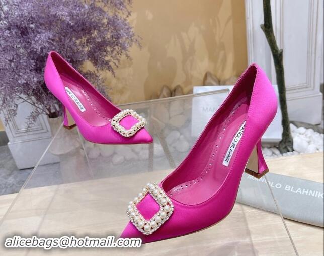 Inexpensive Manolo Blahnik Classic Silk Pumps 7/9.5cm with Pearls Buckle Dark Pink 507005