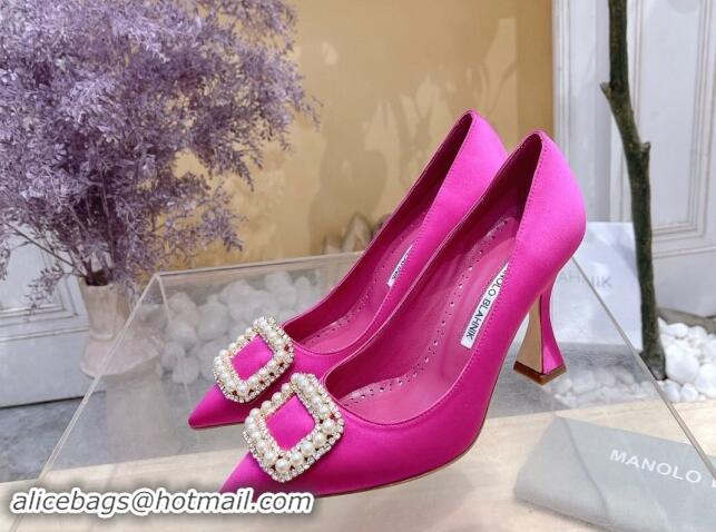 Inexpensive Manolo Blahnik Classic Silk Pumps 7/9.5cm with Pearls Buckle Dark Pink 507005