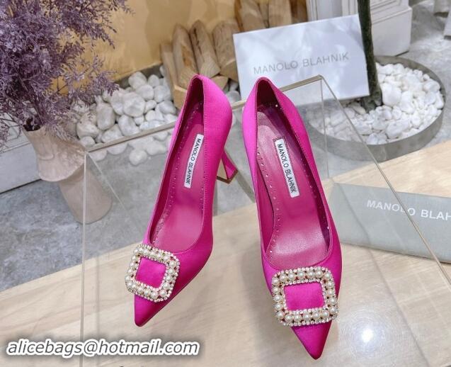 Inexpensive Manolo Blahnik Classic Silk Pumps 7/9.5cm with Pearls Buckle Dark Pink 507005