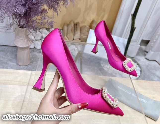 Inexpensive Manolo Blahnik Classic Silk Pumps 7/9.5cm with Pearls Buckle Dark Pink 507005