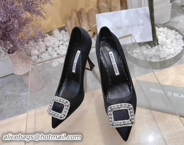 Hot Style Manolo Blahnik Classic Silk Pumps 7/9.5cm with Pearls Buckle Black 507006