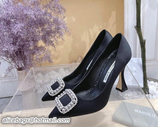 Hot Style Manolo Blahnik Classic Silk Pumps 7/9.5cm with Pearls Buckle Black 507006