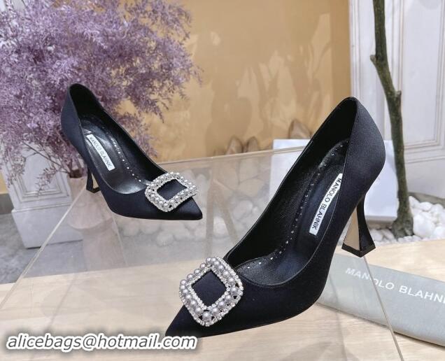 Hot Style Manolo Blahnik Classic Silk Pumps 7/9.5cm with Pearls Buckle Black 507006