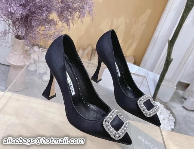 Hot Style Manolo Blahnik Classic Silk Pumps 7/9.5cm with Pearls Buckle Black 507006