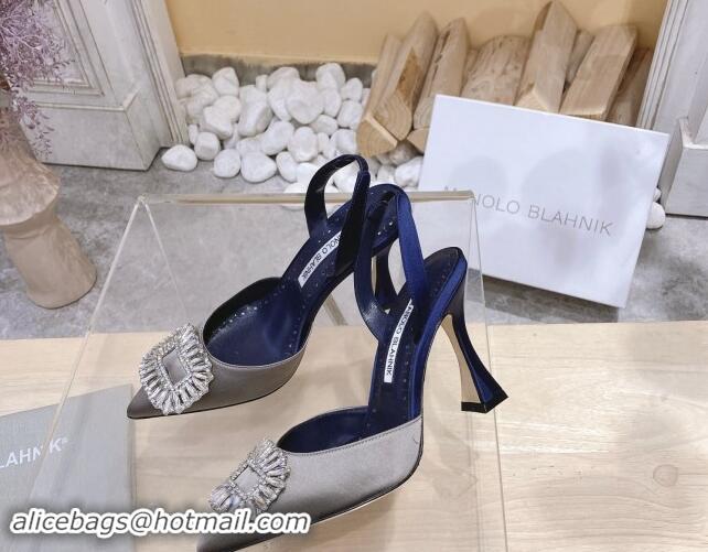 Sophisticated Manolo Blahnik Classic Silk Slingback Pumps 8cm with Strass Buckle Grey 507007