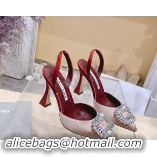 Best Price Manolo Blahnik Classic Silk Slingback Pumps 8cm with Strass Buckle Light Pink 507008