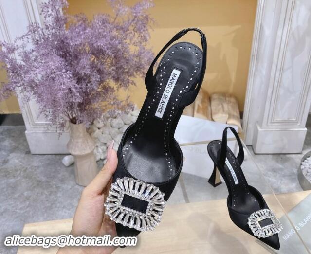 Purchase Manolo Blahnik Classic Silk Slingback Pumps 8cm with Strass Buckle Black 507010