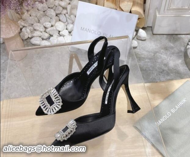 Purchase Manolo Blahnik Classic Silk Slingback Pumps 8cm with Strass Buckle Black 507010