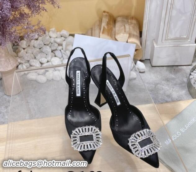 Purchase Manolo Blahnik Classic Silk Slingback Pumps 8cm with Strass Buckle Black 507010