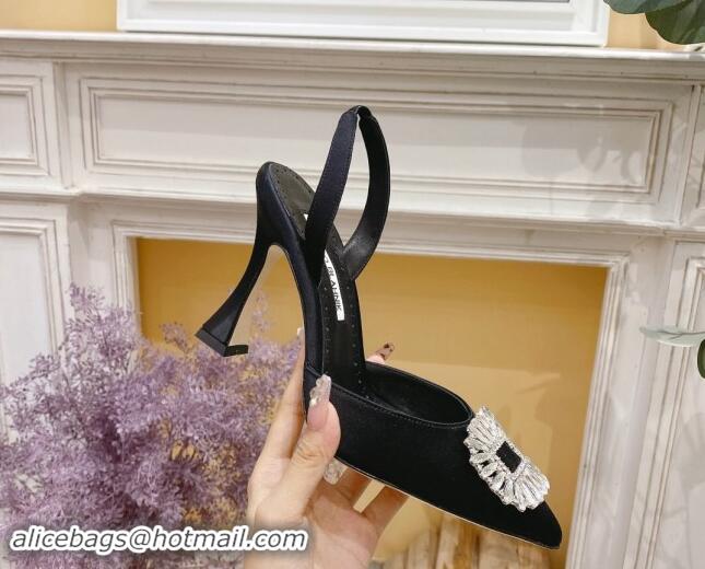 Purchase Manolo Blahnik Classic Silk Slingback Pumps 8cm with Strass Buckle Black 507010