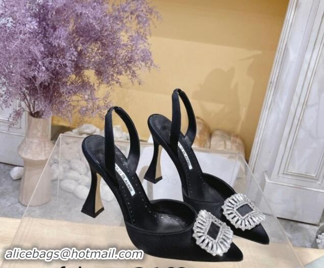 Purchase Manolo Blahnik Classic Silk Slingback Pumps 8cm with Strass Buckle Black 507010