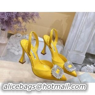 1:1 aaaaa Manolo Blahnik Classic Silk Slingback Pumps 8cm with Strass Buckle Yellow 507011