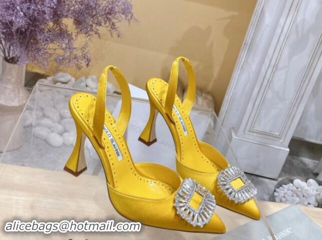 1:1 aaaaa Manolo Blahnik Classic Silk Slingback Pumps 8cm with Strass Buckle Yellow 507011