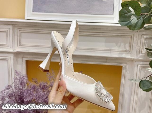 Sumptuous Manolo Blahnik Classic Silk Slingback Pumps 8cm with Strass Buckle White 507012