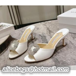 Trendy Design Manolo Blahnik Hangisimu Satin Heel Slide Sandals 7.5cm with Strass Buckle White 507013