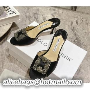 Stylish Manolo Blahnik Hangisimu Satin Heel Slide Sandals 7.5cm with Strass Buckle Black 507014