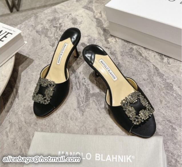 Stylish Manolo Blahnik Hangisimu Satin Heel Slide Sandals 7.5cm with Strass Buckle Black 507014