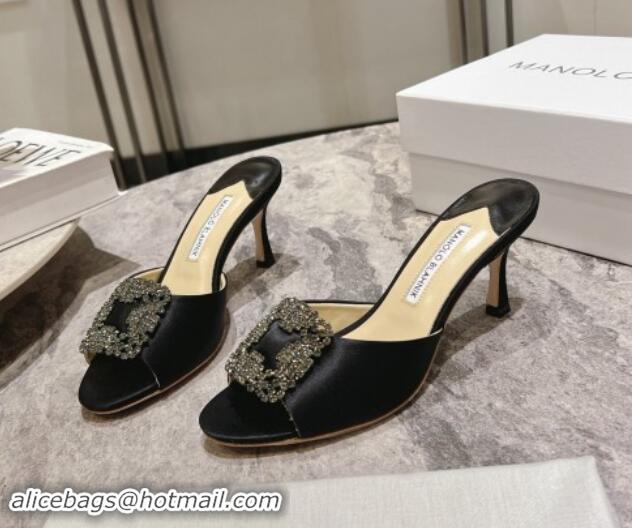 Stylish Manolo Blahnik Hangisimu Satin Heel Slide Sandals 7.5cm with Strass Buckle Black 507014