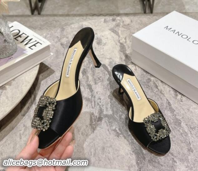 Stylish Manolo Blahnik Hangisimu Satin Heel Slide Sandals 7.5cm with Strass Buckle Black 507014