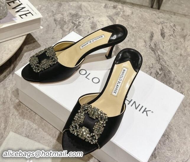 Stylish Manolo Blahnik Hangisimu Satin Heel Slide Sandals 7.5cm with Strass Buckle Black 507014