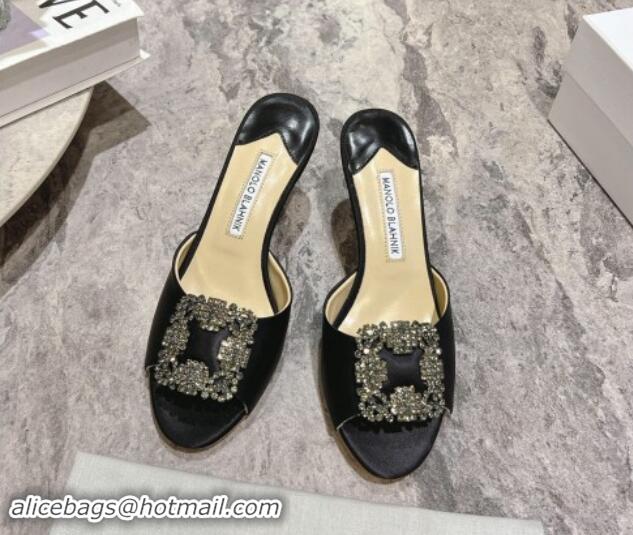 Stylish Manolo Blahnik Hangisimu Satin Heel Slide Sandals 7.5cm with Strass Buckle Black 507014