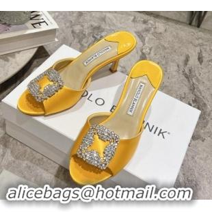 Perfect Manolo Blahnik Hangisimu Satin Heel Slide Sandals 7.5cm with Strass Buckle Yellow 507015