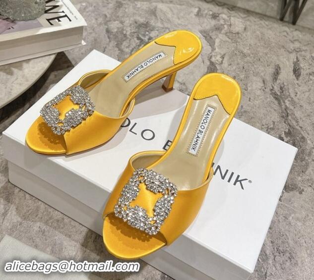 Perfect Manolo Blahnik Hangisimu Satin Heel Slide Sandals 7.5cm with Strass Buckle Yellow 507015