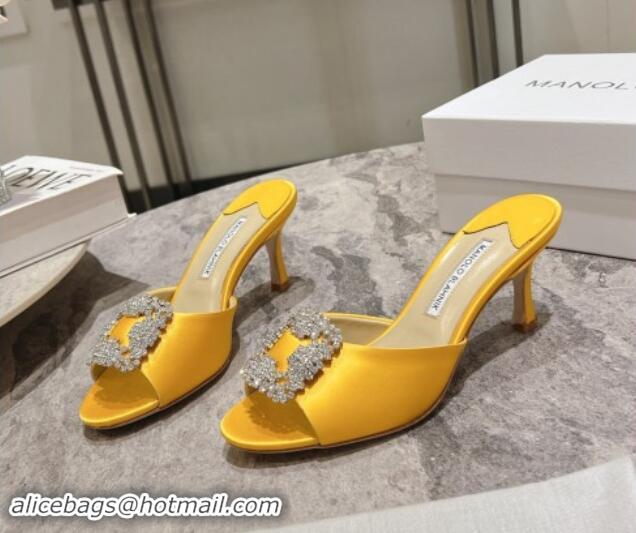 Perfect Manolo Blahnik Hangisimu Satin Heel Slide Sandals 7.5cm with Strass Buckle Yellow 507015