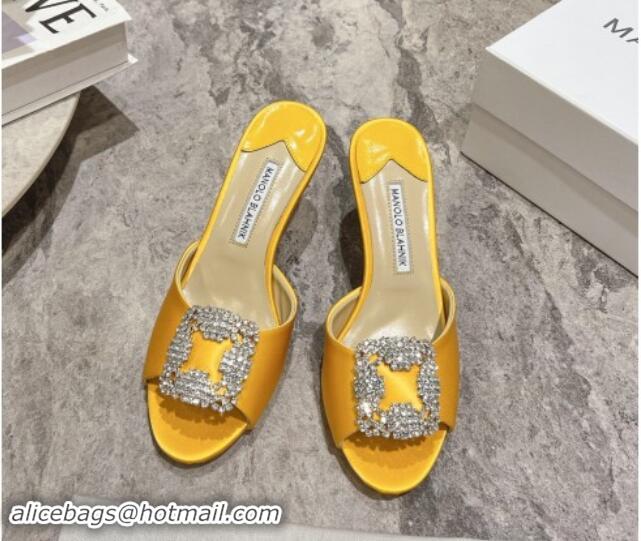 Perfect Manolo Blahnik Hangisimu Satin Heel Slide Sandals 7.5cm with Strass Buckle Yellow 507015