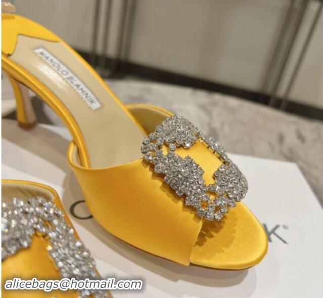 Perfect Manolo Blahnik Hangisimu Satin Heel Slide Sandals 7.5cm with Strass Buckle Yellow 507015