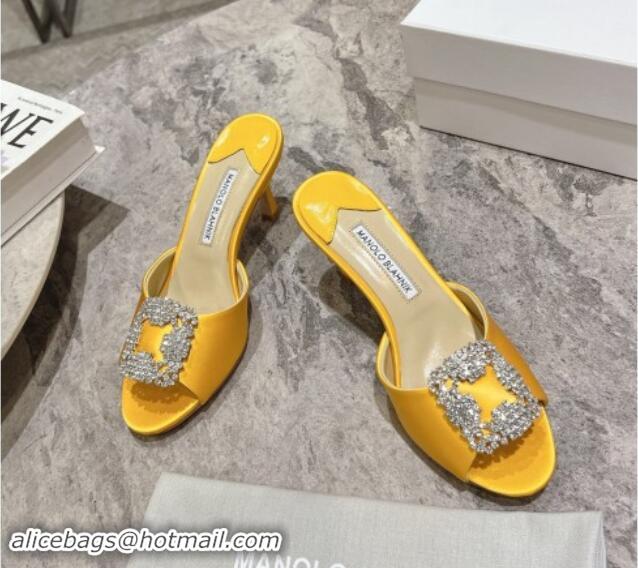 Perfect Manolo Blahnik Hangisimu Satin Heel Slide Sandals 7.5cm with Strass Buckle Yellow 507015