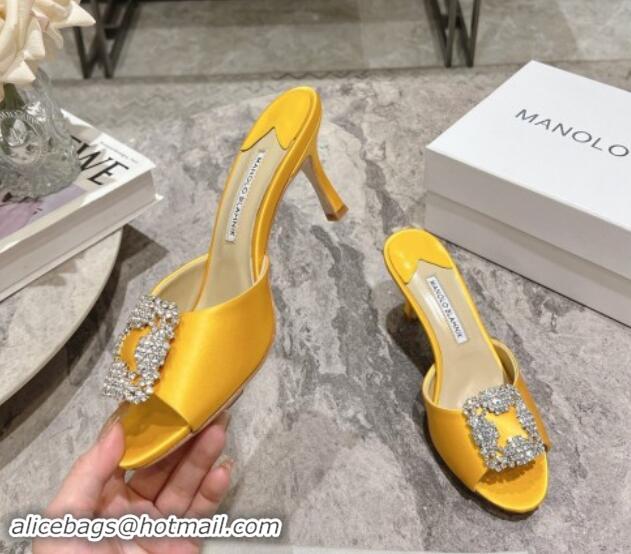 Perfect Manolo Blahnik Hangisimu Satin Heel Slide Sandals 7.5cm with Strass Buckle Yellow 507015