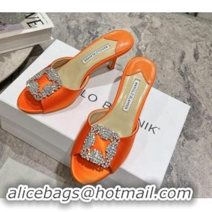 Top Design Manolo Blahnik Hangisimu Satin Heel Slide Sandals 7.5cm with Strass Buckle Orange 507016