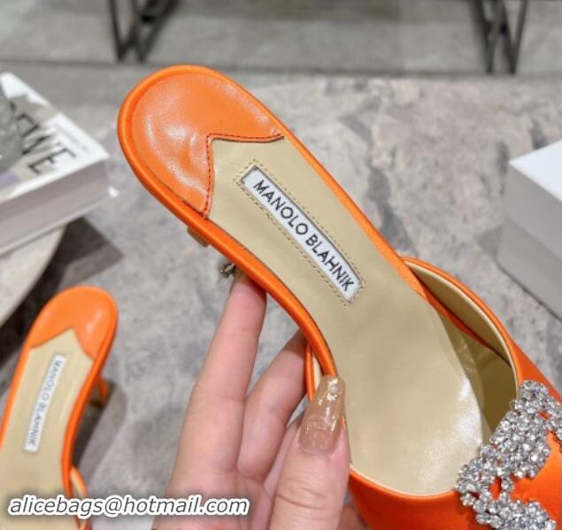 Top Design Manolo Blahnik Hangisimu Satin Heel Slide Sandals 7.5cm with Strass Buckle Orange 507016