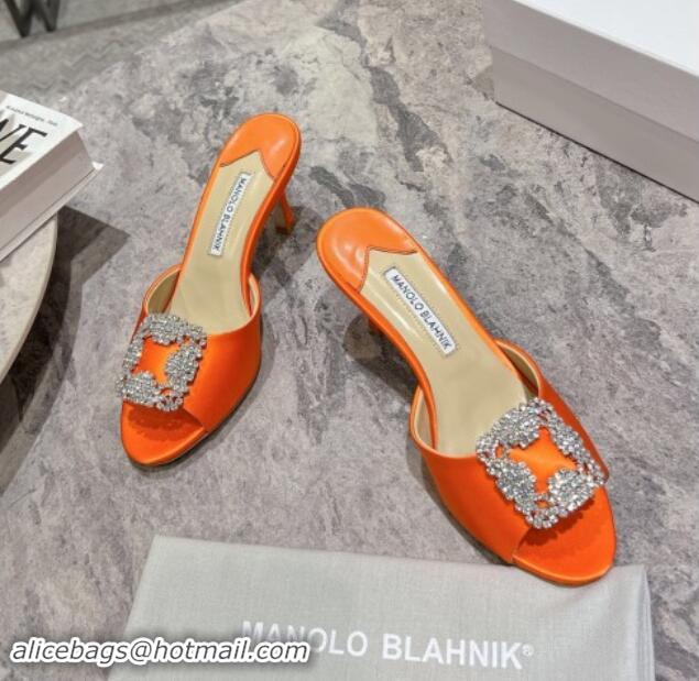 Top Design Manolo Blahnik Hangisimu Satin Heel Slide Sandals 7.5cm with Strass Buckle Orange 507016